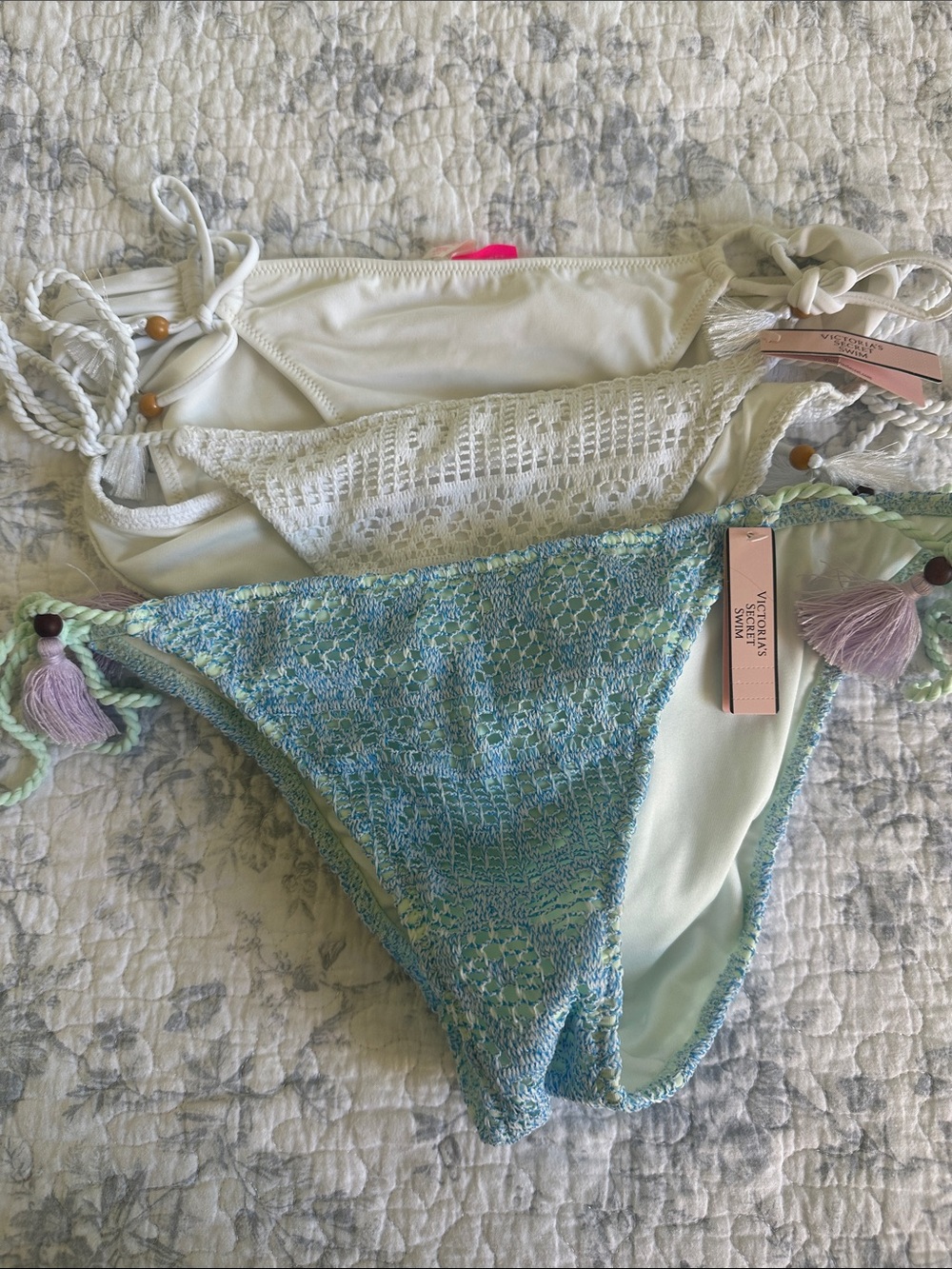 New! LOT of 3 Victoria's Secret White/Light Blue Crochet Tie-Side Bikini Bottoms